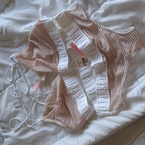 Victoria's Secret PINK bra (M) + panty (S) set, white with gold shimmer stripes